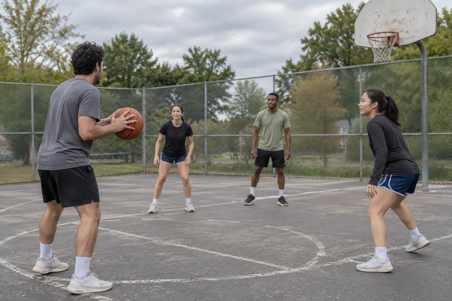 KI-Stimmungsbild: Basketball auf dem Quartierplatz.