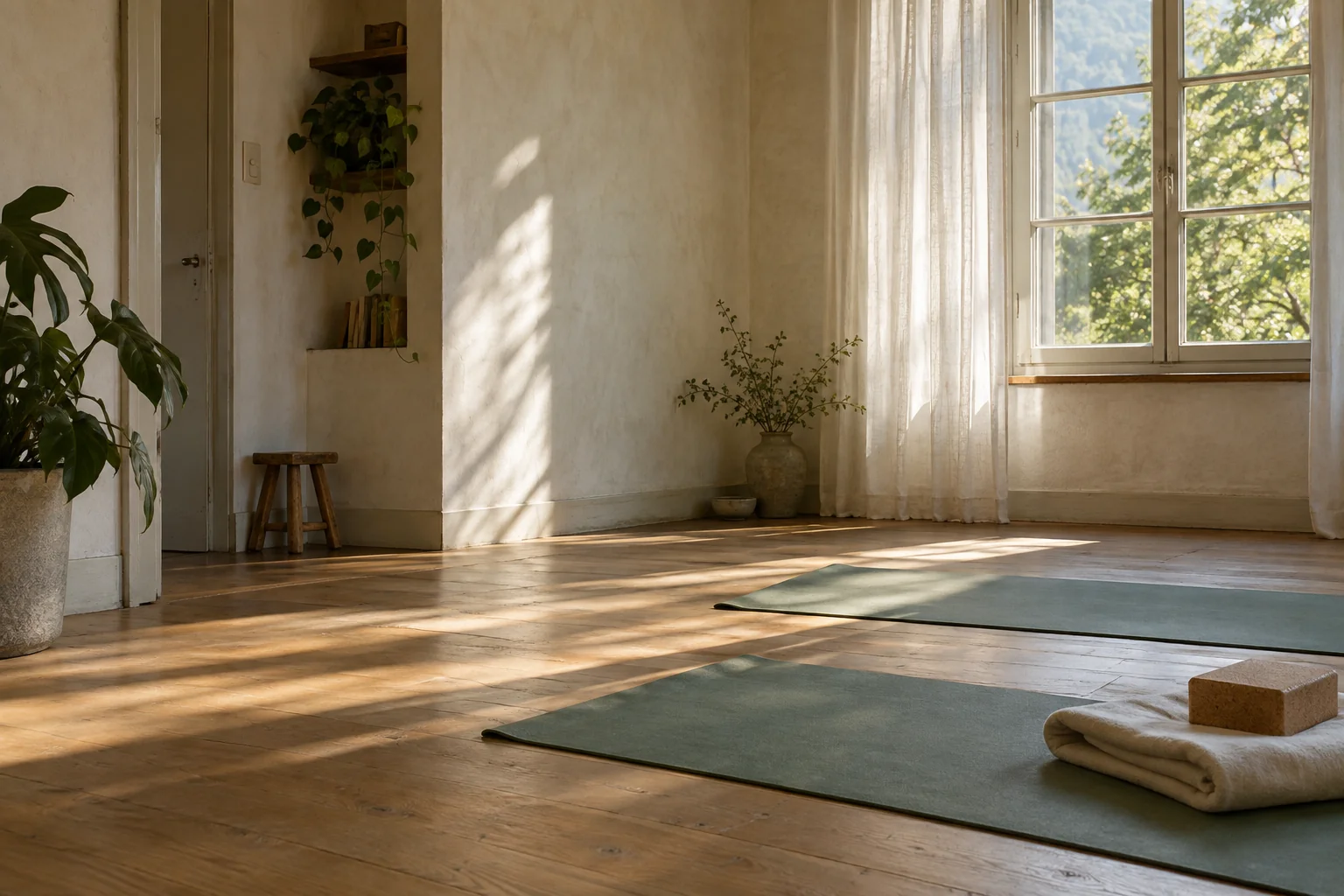 KI-Stimmungsbild: heller Yogaraum mit grünen Matten und warmem Fensterlicht, kein echter Studioraum